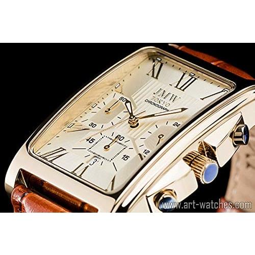 JMW TOKYO Men's Square Watch, Gold & Brown, Square Rectangular, Men's Chronograph, Limited Edition, Seiko Quartz Movement, Leather Band, Genuine Leath