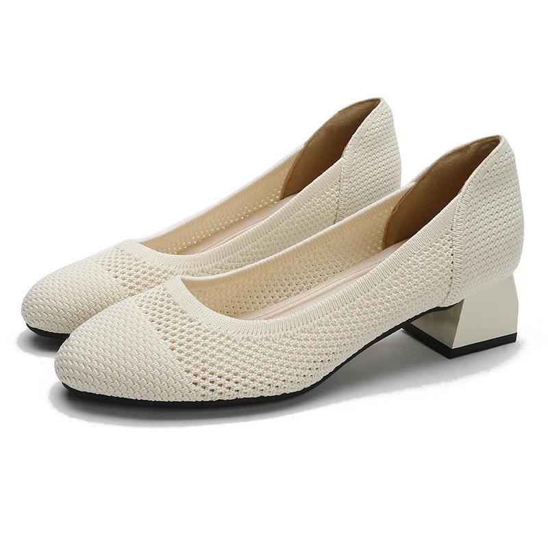 New hollow comfortable casual round head shallow mouth knitted foot thick heel high heel women's single shoes