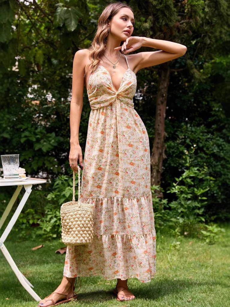 2026 Summer Elegant Floral Deep V Spaghetti Strap Dress - Women's Waist-Cinching Wide Hem for Holiday Style