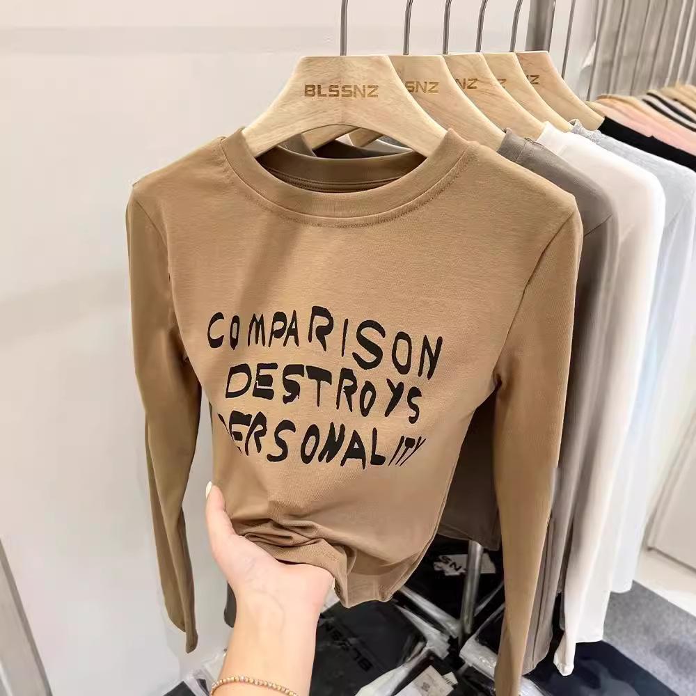 Ladies Autumn Fashion Long Sleeve Round Collar Slim Fit Basic Letter Printed Pullover T Shirt Top for Layering