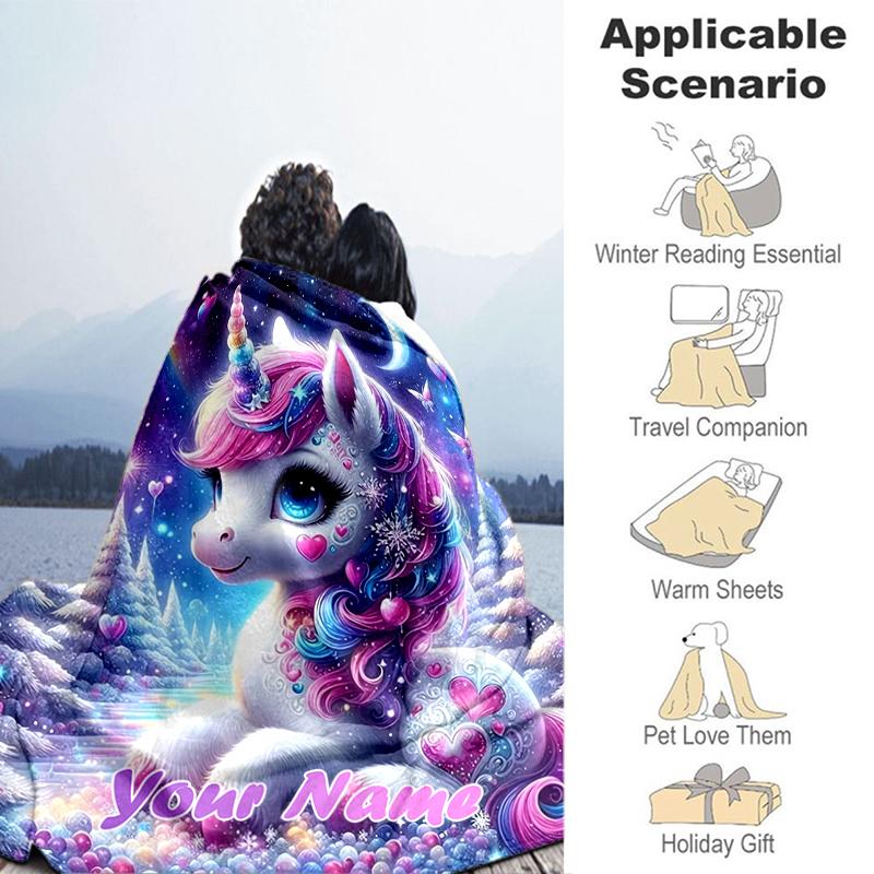 1PC Custom Name Magical Unicorn Fantasy flannel blanket versatile, all-season throw suitable for the living room, bedroom, camping, travel, and gift
