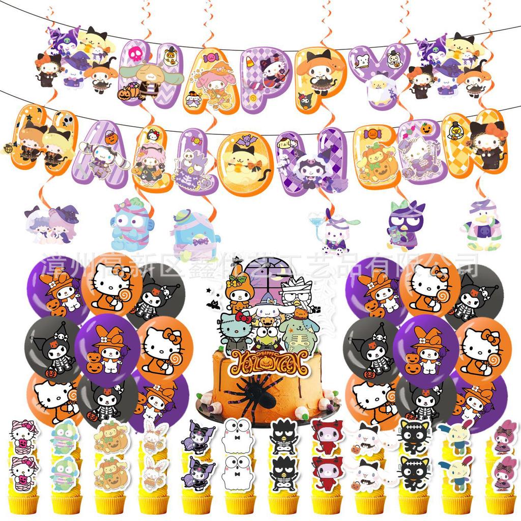 Sanrio Halloween Birthday Scene Decorations: Cake Toppers, Spiral Flags, Balloons