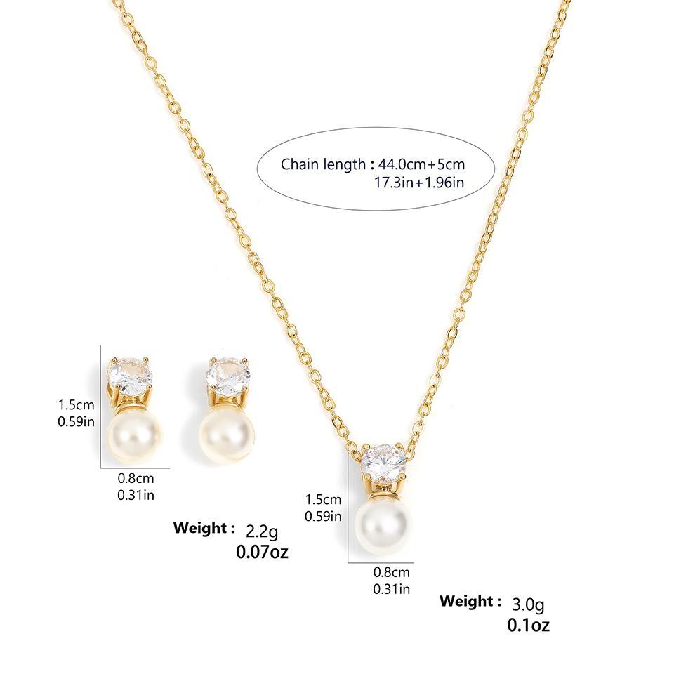 ZAKOL Elegant Round Cubic Zirconia Imitation Pearl Necklace Earrings For Women Bridal Wedding Party Jewelry Gift