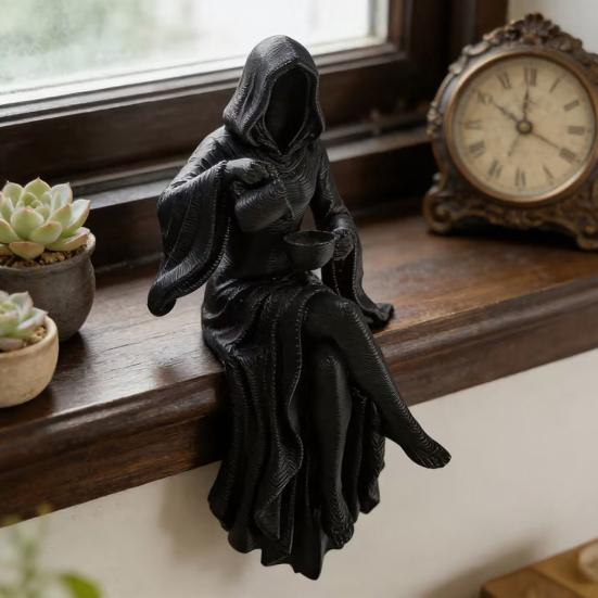 Black Hooded Robe Woman Statue Female Grim Reaper Pour Tea Figurine Mysterious Sculpture for Gothic Home Office Desk Shelf Decor