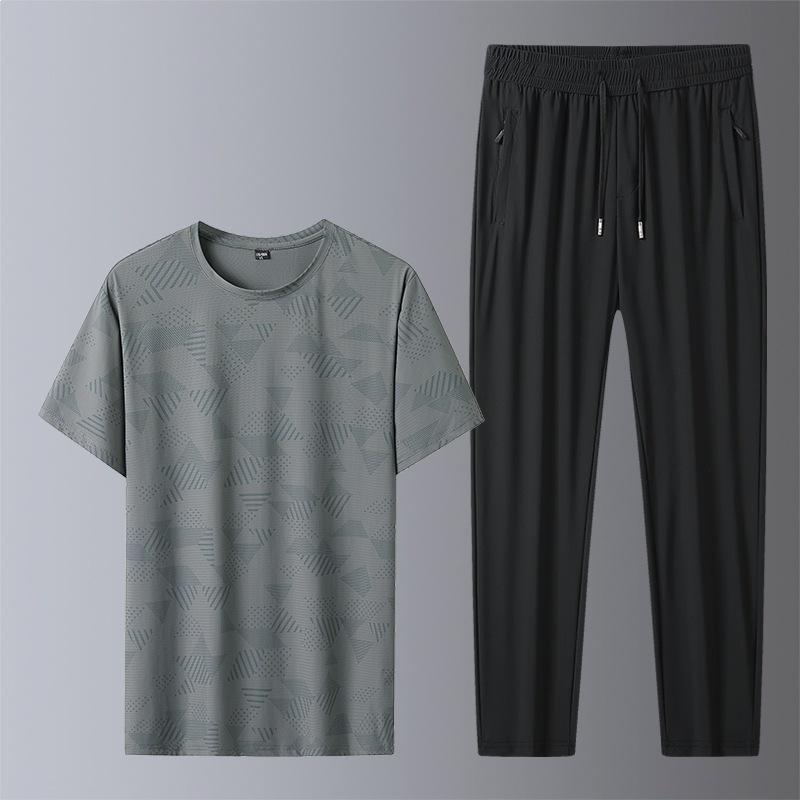 2026 Summer Ice Silk Quick-Dry Sports Casual Set: Round Neck T-Shirt & Straight Leg Pants