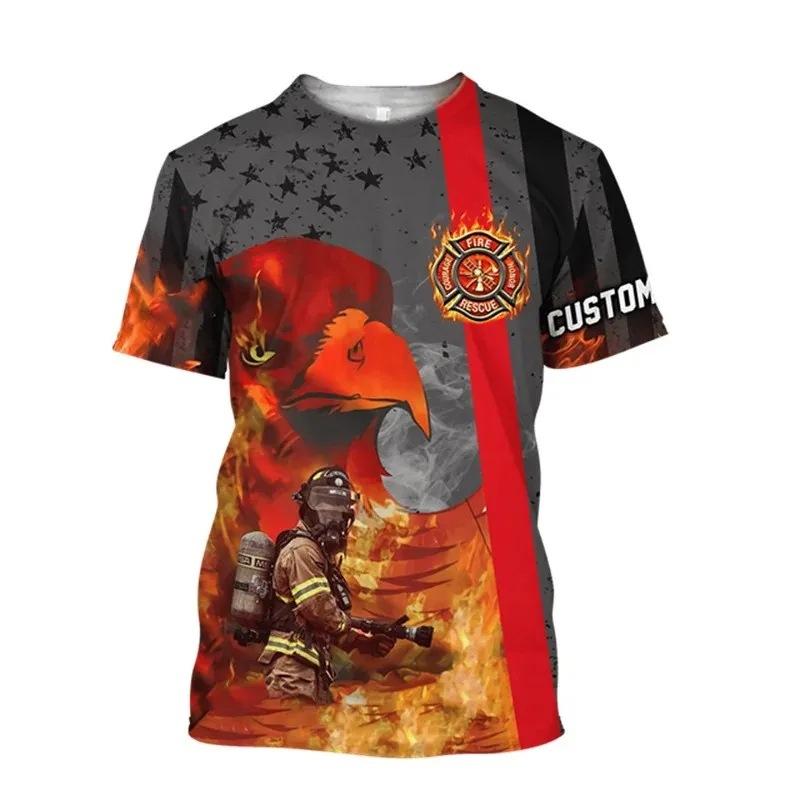 Firefighter Fire Simulation Drill Pattern 3D Print Cross-border New Men's Casual Short-Sleeve T-Shirt Factory Direct Sale