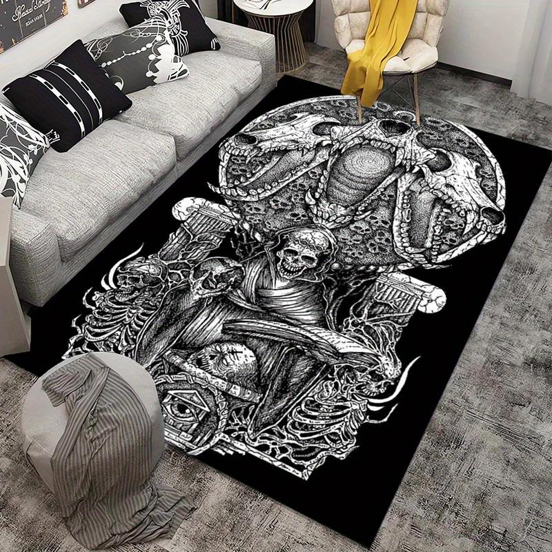 Monochrome Dragon Skull Rug for Fantasy Lovers | Detailed Skeleton Art Carpet | Gothic Home Decor Skid Resistant Carpet