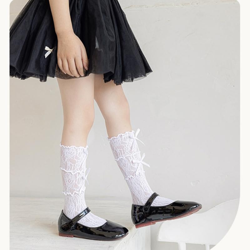 Cotton Girls Socks, Spring Thin Style In Tube Socks 3-Layer Lace Bowknot Charm Stackable for Kids 3-13T