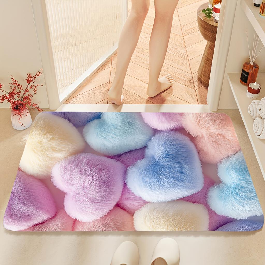 1pc 2D Flat Fluffy Hearts Pastel Colors Soft Flannel Bath Mat Non Slip Cute Love Rug For Bathroom Bedroom Floor Decor