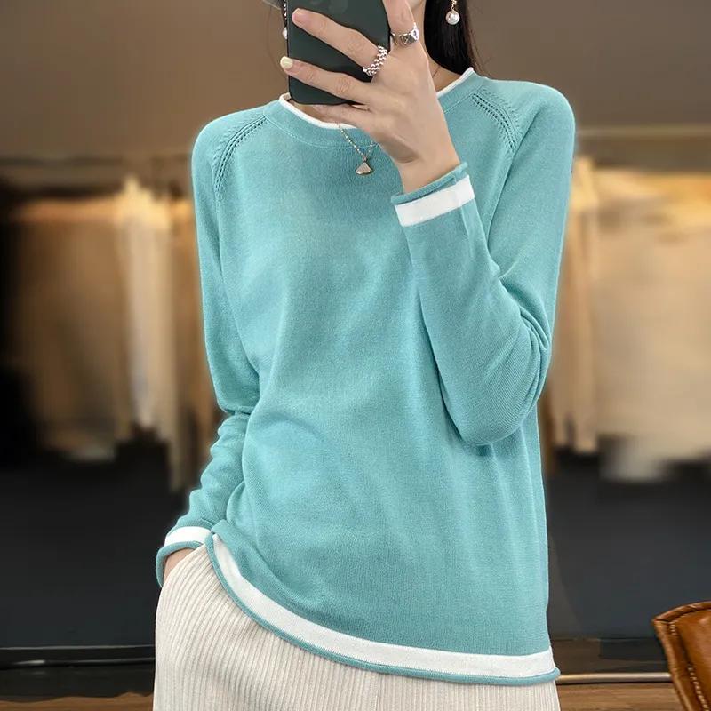 Spring and Autumn Thin Cotton Knitwear Women's Round Neck Sweater Loose Color Matching Cotton and Linen Bottoming Shirt