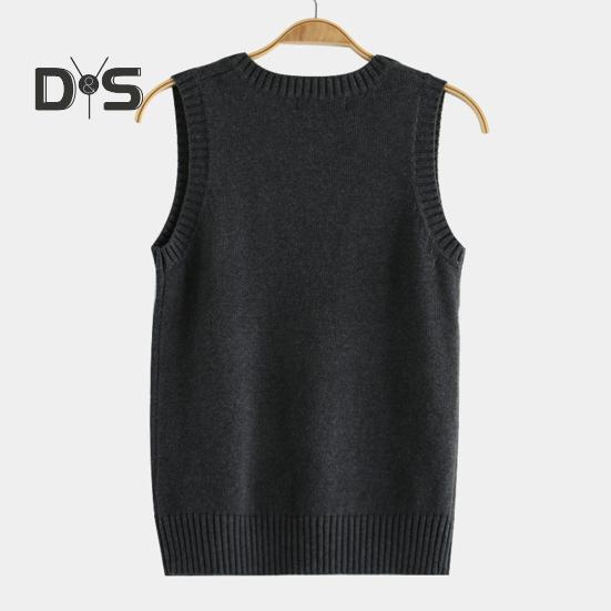 Dámská pletací vesta s výstřihem do V bez rukávů Žebrovaný lem Jednobarevné vestové topy podzimní zima úplety volného střihu