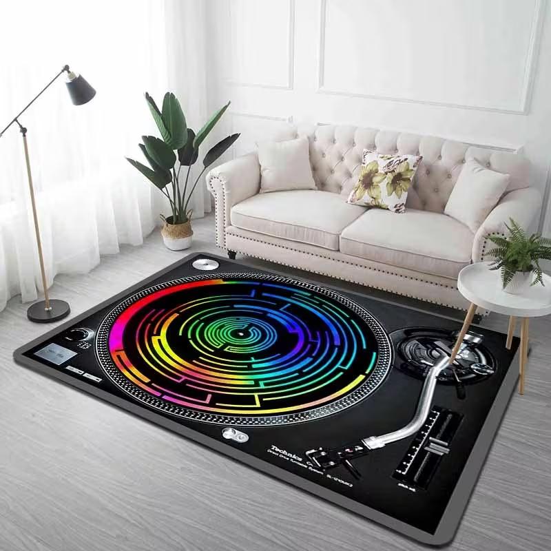 Vintage Vinyl Record Player Living Room Bedroom Large Carpet Retro Music Design Realistic Turntable Record Pattern Home Decor