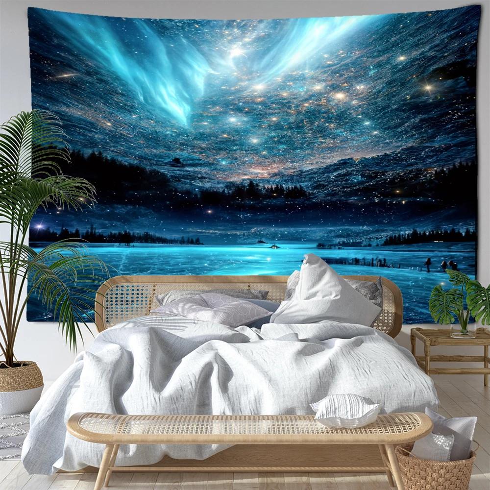 Blue Aurora Ice Forest Tapestry Wall Hanging Landscape Bohemian Minimalist Art Living Room Bedroom Home Decor
