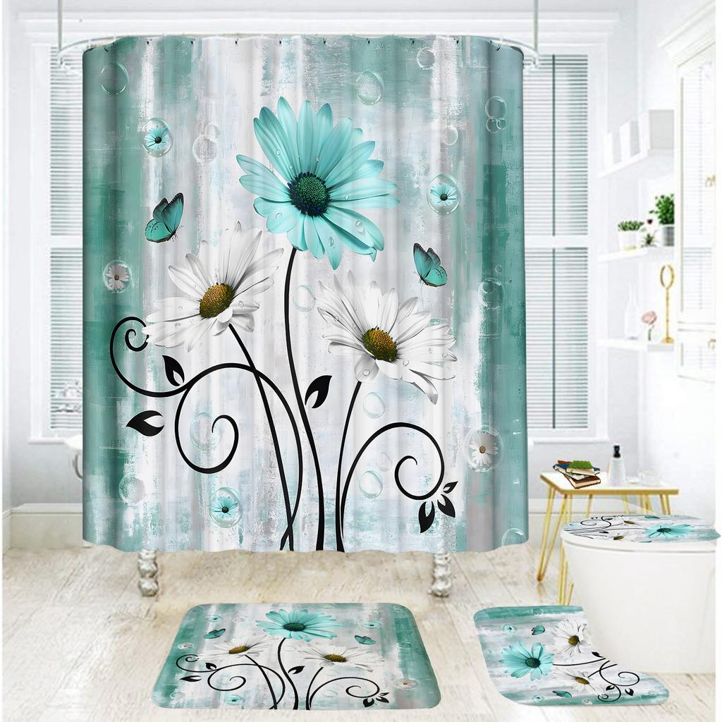 Badezimmer Duschvorhang Vierteilig Digitaldruck Holzmaserung Chrysanthemenpflanze Wasserdichter Duschvorhang Duschvorhang Trennvorhang