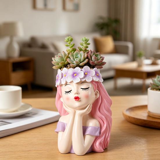 Small Fairy Head Planter Resin Girl Face Flower Pot Cute Cactus Pot for Balcony Yard Garden Desk Decor Gift for Women
