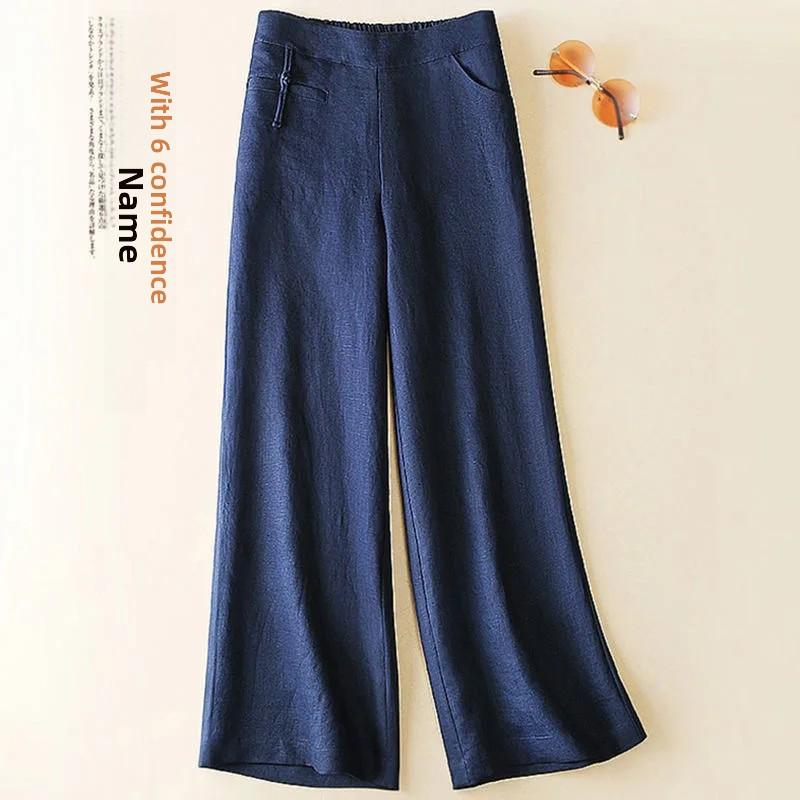 High Waist Slimming Cotton Linen Wide Leg Casual Pants Women Button Detailing Summer Comfortable Long Trousers
