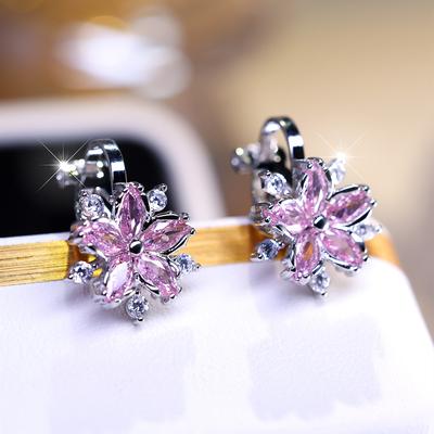Simpatici orecchini a clip in cristallo rosa Sakura per le donne, senza foro per l'orecchio, orecchini a fiore con zirconi, regali per gioielli da festa nuziale