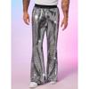 Men's Metallic Silver Flare Pants Shiny Grid Print Elastic Waist Bell Bottom Trousers