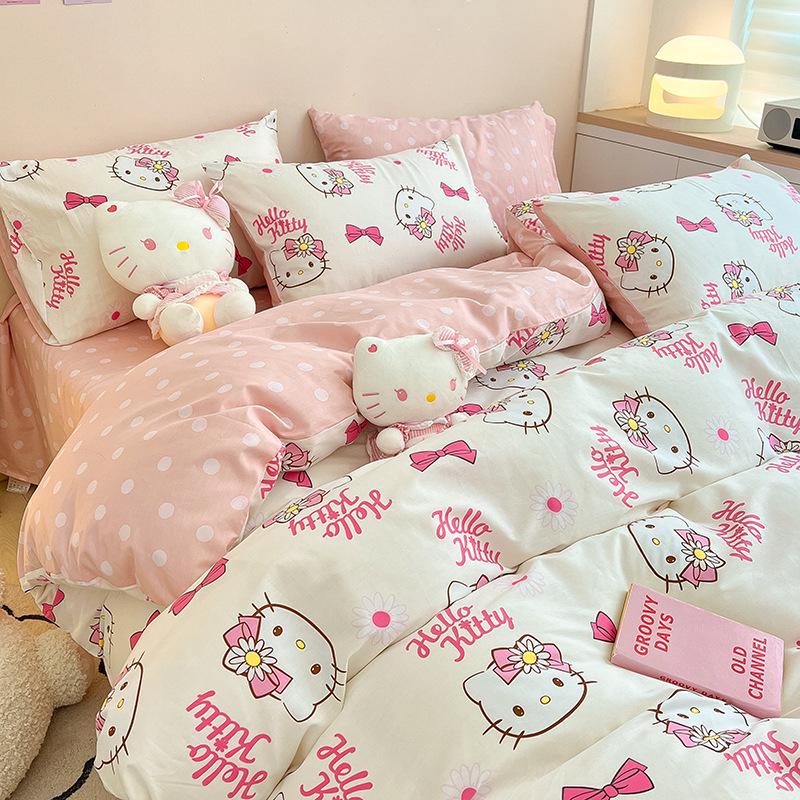 Hello Kitty All-Cotton Cute Cartoon Girl Fitted Sheet & Duvet Set - 4-Pc Dorm Style