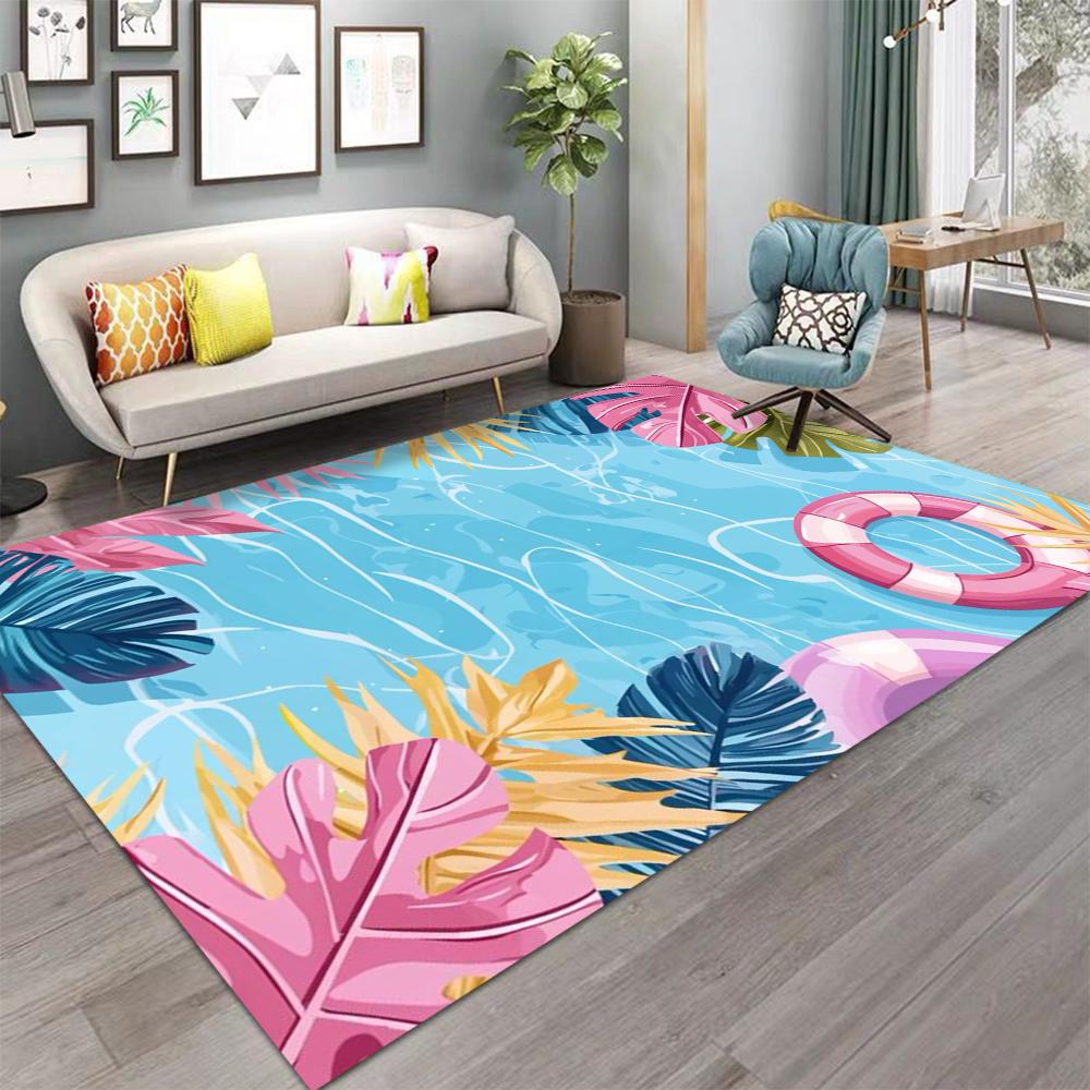 Carpet With Swimming Pool Water Pattern Tropical Palm Leaf Float Ring Flower Designs NonSlip Rug For Living Room Decor