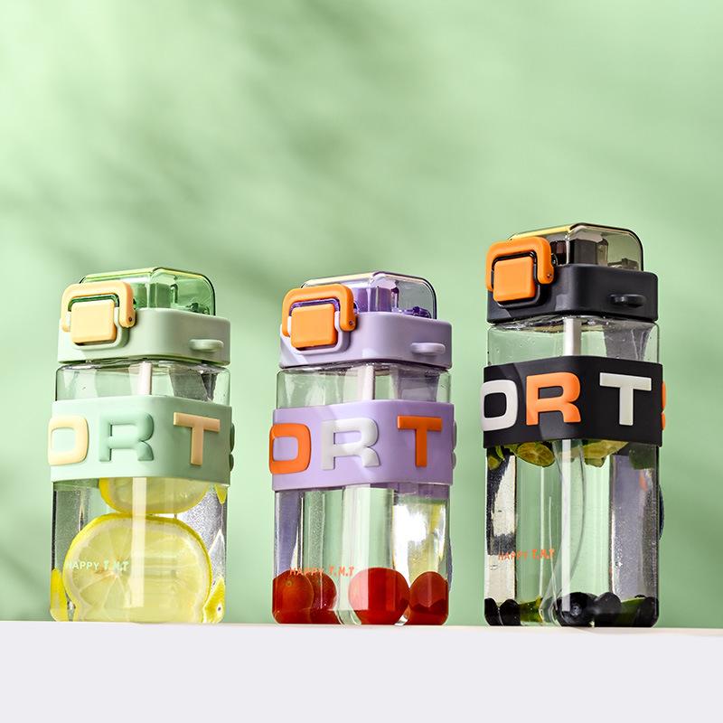 Water bottle Water cup Square space cup for children and students to go to school Sports kettle Heat-resistant belt lifting rope Large capacity straw
