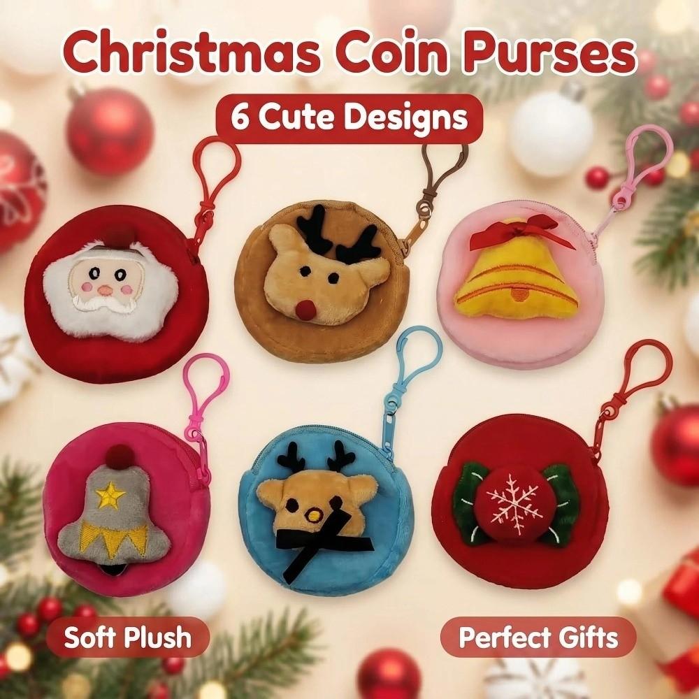 6PCS Santa Claus Plush Mini Wallet Cute Keychain Zipper Pouch Christmas Coin Purse Holiday Gift