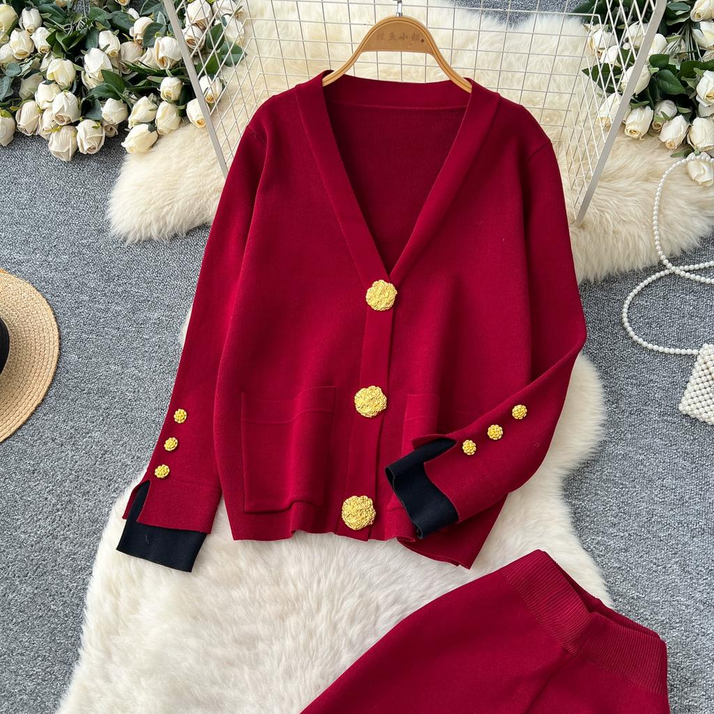 Autumn Winter Women Casual Knitted Sweater Trouser Two Piece Set Big Gold Button Single Breasted Jacket Tops and Elastic Waist Pant Tracksuit