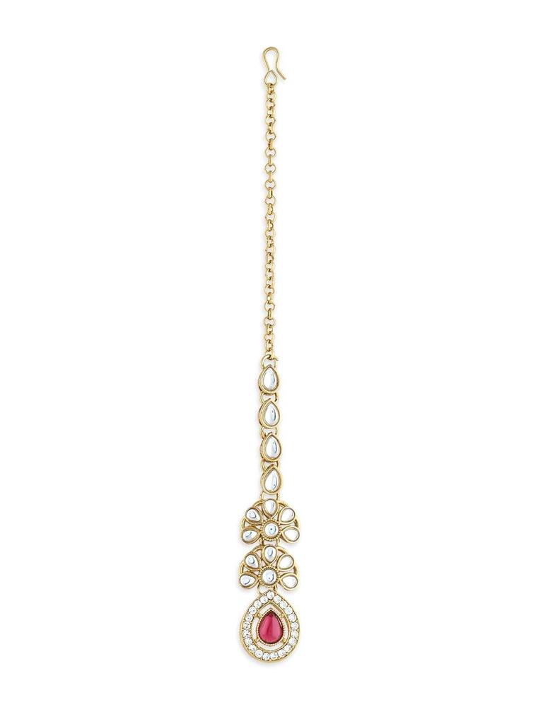 Pink Stones Antique Plated Traditional Kundan Necklace Earring & Maangtikka Set For Women