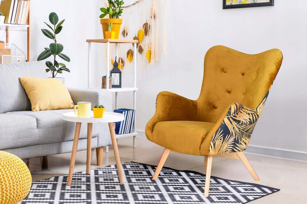 Fotel z pufą skandynawski uszak Luna Print Duo podnóżkiem Family meble czarny