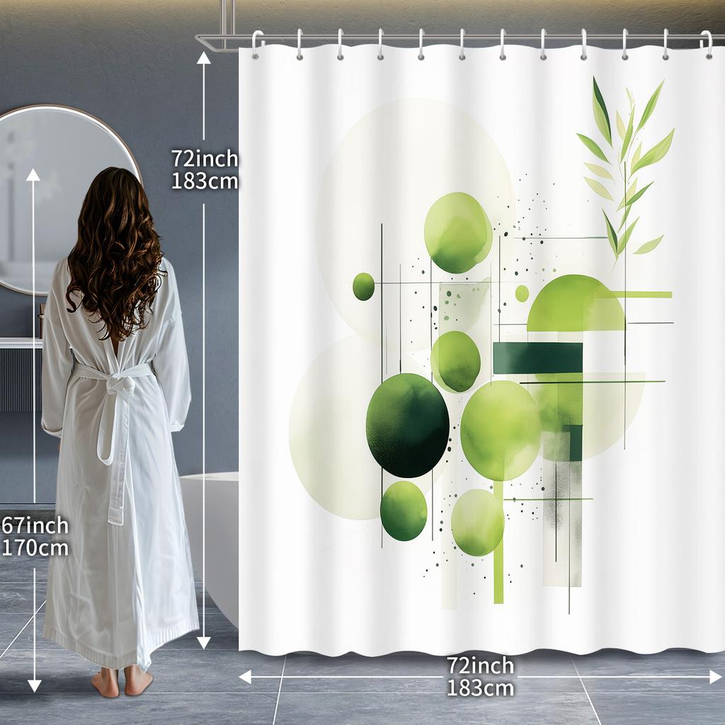 1pc Fresh Green Plants Geometric Abstract Shower Curtain - 12 Hooks, Home & Bathroom Decor