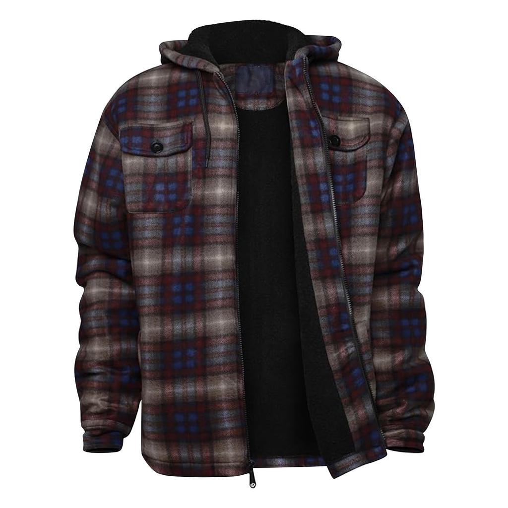 Men's Plaid Long Sleeve Shirt Men's Pocket Button Hooded Sweatshirt