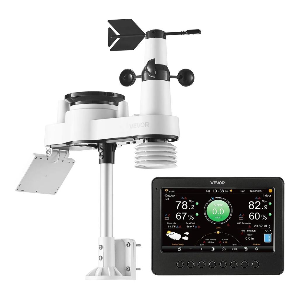 VEVOR 7-in-1 Wi-Fi Weather Station, 177.8 mm TFT Display, Wireless Solar Powered Outdoor Sensor, Rain Gauge, Indoor Outdoor for Weather Forecast