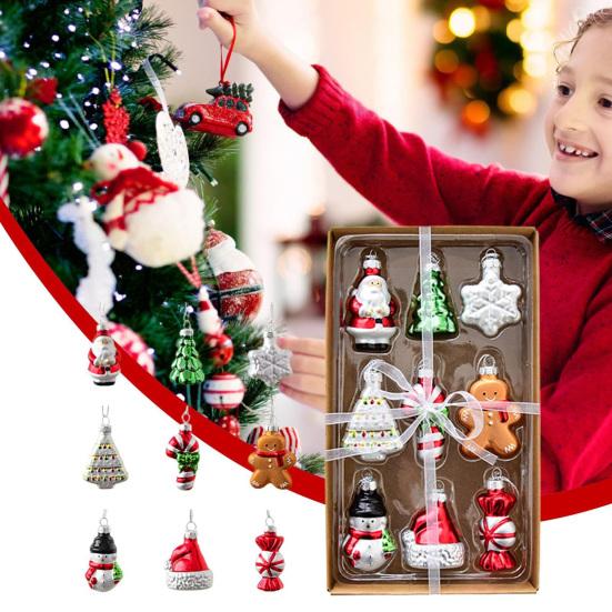 Christmas Mini Glass Ornaments Set Small Vintage Snowman Santa Tree Snowflake Candy Cane Ornaments