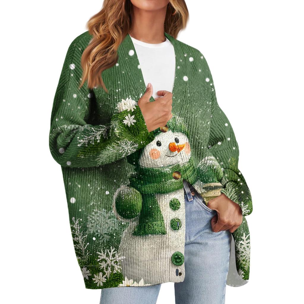 Women's Fashion Long Sleeve Christmas Print V-Neck Button Loose Cardigan Top