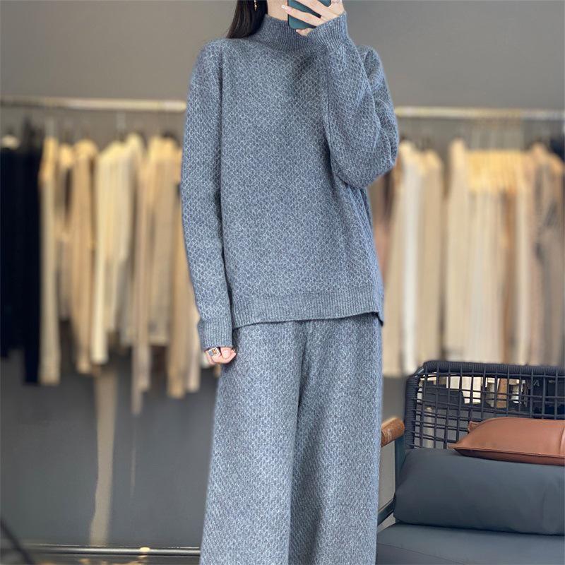 Women's Purple High Neck Wool Sweater & Wide-Leg Pants Set - Autumn/Winter Fashion