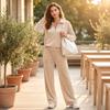 Women's Casual Velvet Two Piece Set with Half Zip Collared Top and Wide Leg Pants