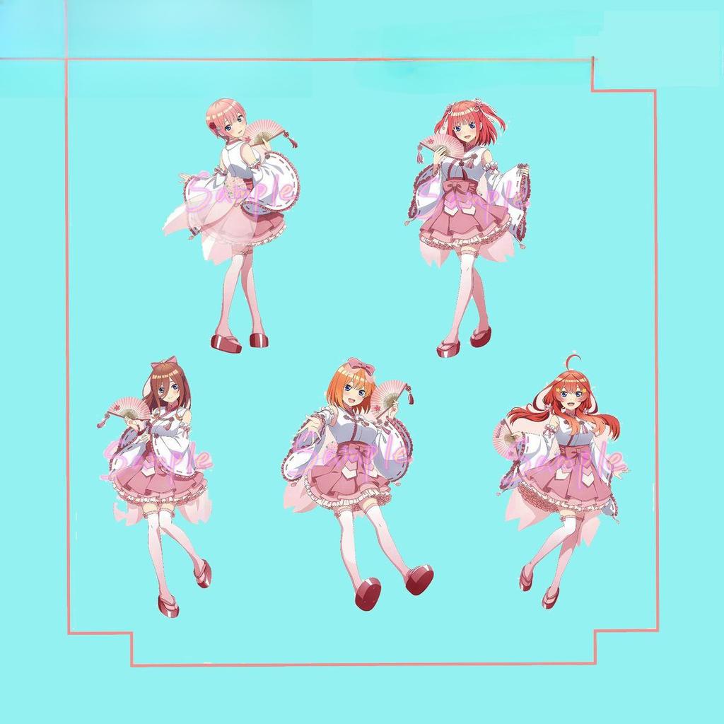 New "The Quintessential Quintuplets" 8CM Acrylic Stand Figurines In Cherry Blossom Miko Costumes: Ichika, Nino, Miku, Yotsuba, and Itsuki.
