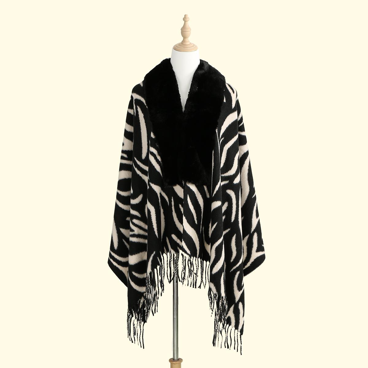 

New Fur Collar Cashmere Shawl Shawl Scarf For Woman Warm Tassel Shawls Fashion Long Wraps Thicken Pashmina Zebra Print Scarves