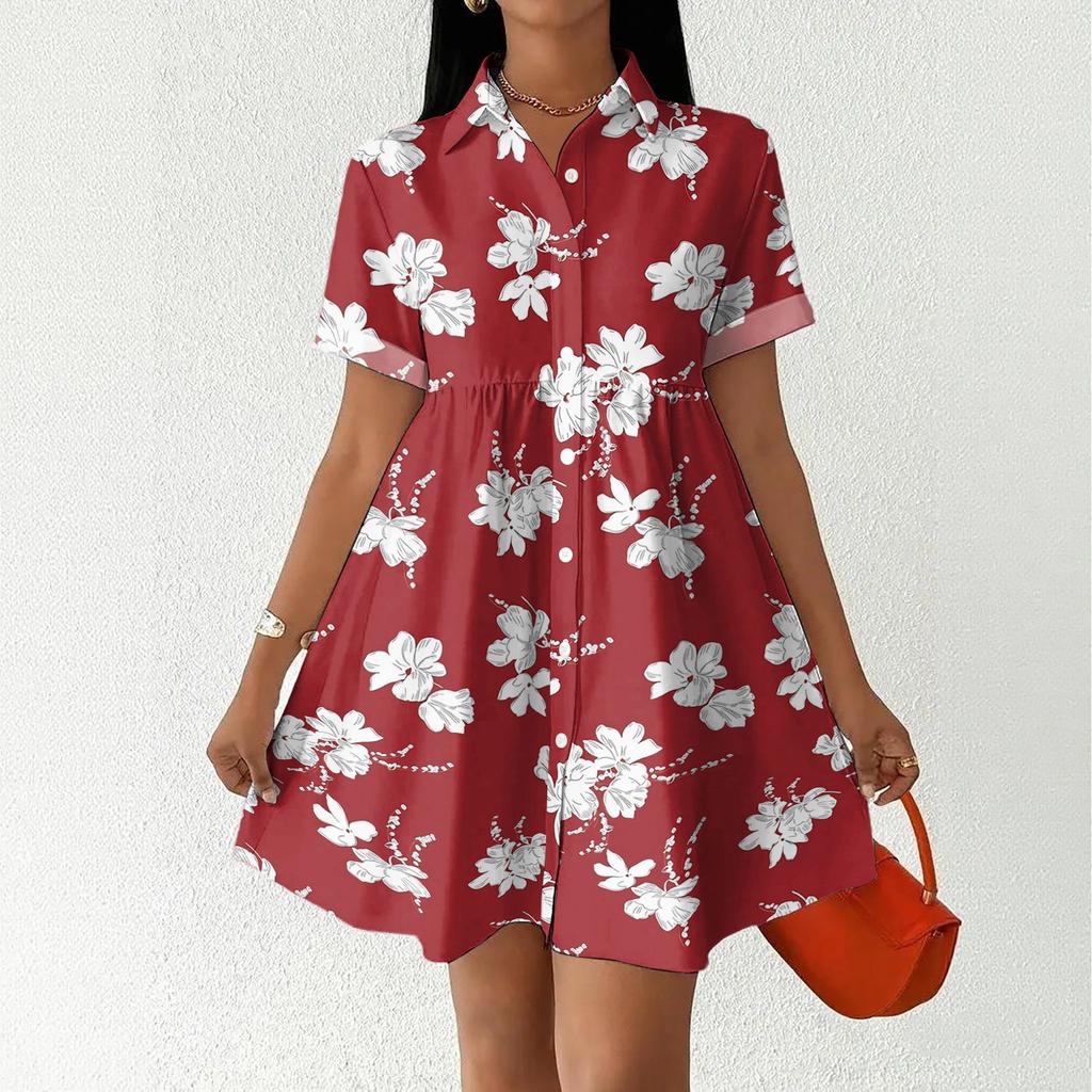 Women’s Casual Loose Fit Shirt Dress Button Front Stand Collar Short Sleeve Relaxed Tunic Dress with Geometric Print