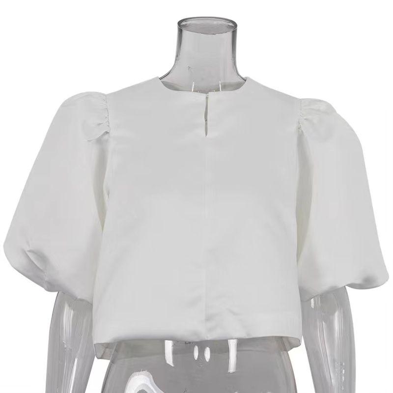 

Fashion Satin Puff Sleeves Short Tops Loose White Shirt Satin Bubble Sleeve Shirt White S