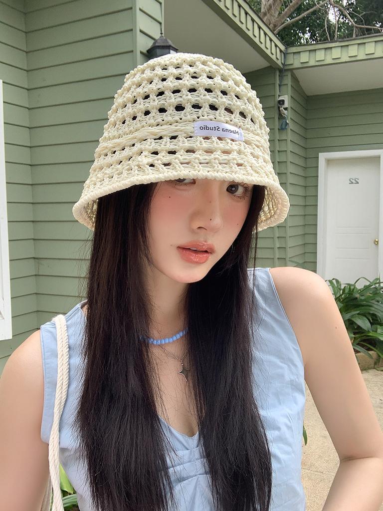 Hollow straw hat women's summer bucket hat sunshade sunscreen hat straw woven basin hat show face small bucket hat