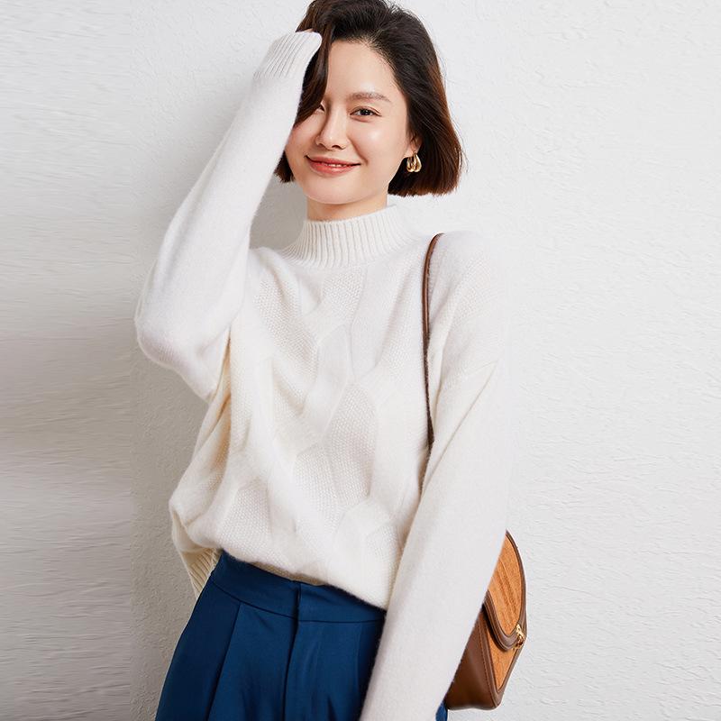 Women's Chunky Cable Knit Cashmere Sweater - Solid Color, Half-High Neck, Thickened Pullover for Autumn and Winter