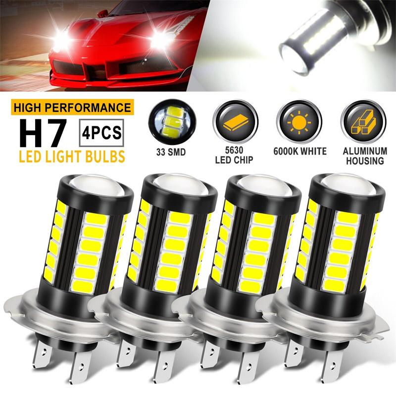 4Pcs H7 Car Led Fog Light, 5630 33 Smd Automotive Super Bright 360° Light Range Led Bulbs Decoding Reversing Light Taillight Drl