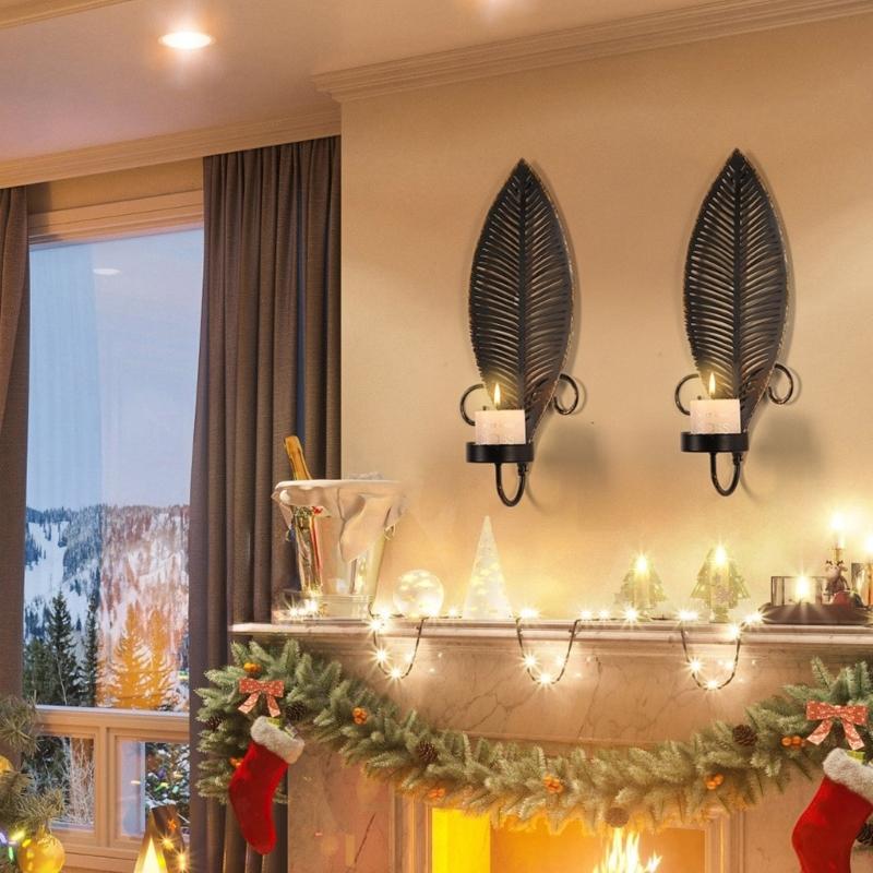 Elegant Black Metal Wall Candle Sconces, Leaf Shape Decorative Candlestick Candle Holders For Home And Event 2PCS