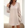 Spring and Summer New Arrival Fashion Fashion Commuter Ol Pure Color V-neck Back Single-Breasted Bubble Long Sleeve Dress Short Skirt for Women