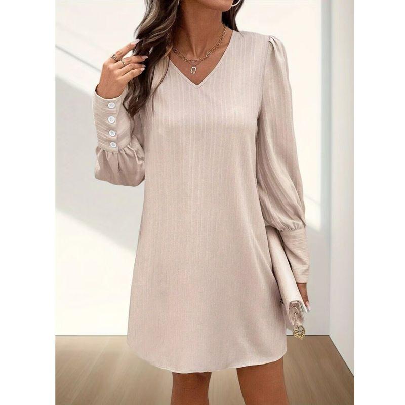 Spring and Summer New Arrival Fashion Fashion Commuter Ol Pure Color V-neck Back Single-Breasted Bubble Long Sleeve Dress Short Skirt for Women