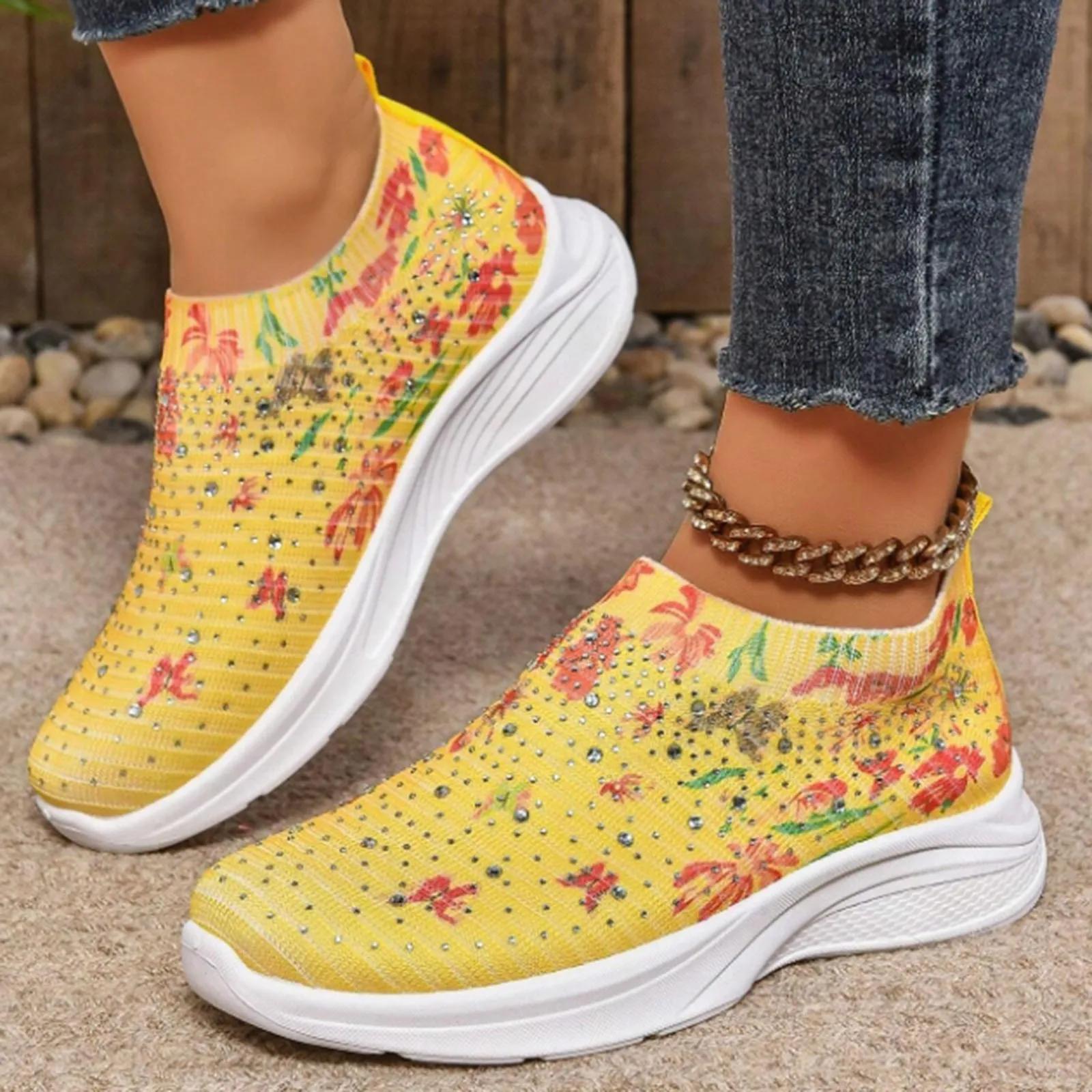 

Fashion Crystal Floral Women s Knitted Sneakers Summer New Breathable Air Mesh Casual Shoes Woman Light Weight Walking Sports Flats 41 жёлтый
