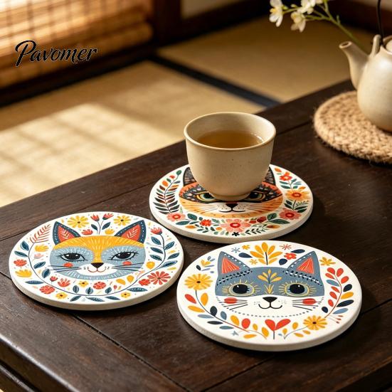 Waterproof Coasters for Daily Use 6 Pcs Cute Cat Coasters, Thick Heat-Resistant Wood Coaster Tabletop Protection, Unique Gift Ideas Lovers Non