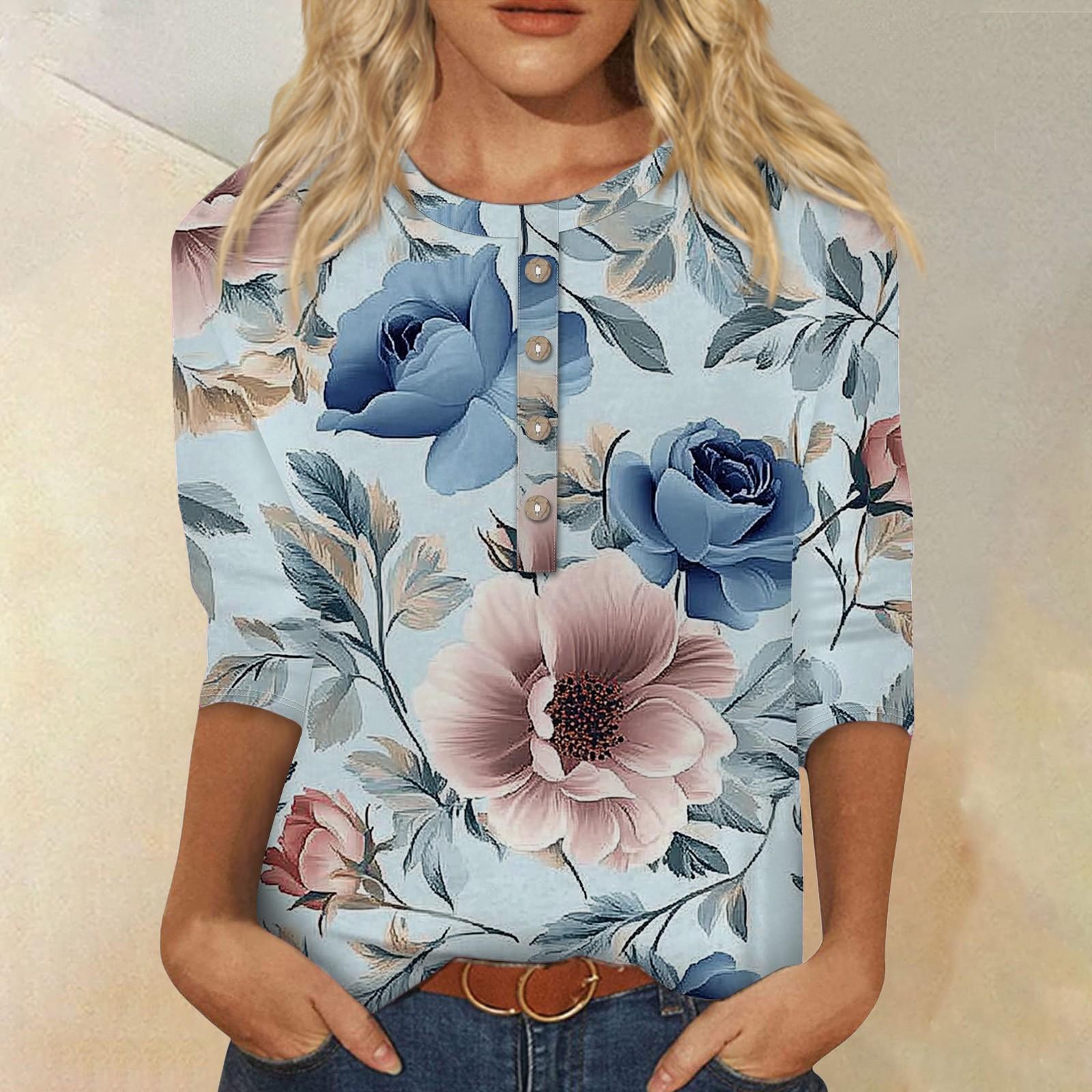 

Женская мода повседневная 3/4 рукава цветочный принт пуловер круглый вырез топ повседневная одежда XL небесно-голубой