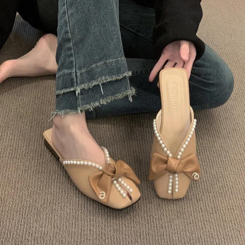 

Мода 2025Женские модные тапочки Бант Жемчуг Цифровая Металлическая Декорация Обувь с обмоткой на каблуке Повседневные Сладкие На плоской подошве Zapatillas De Mujer 35 хаки